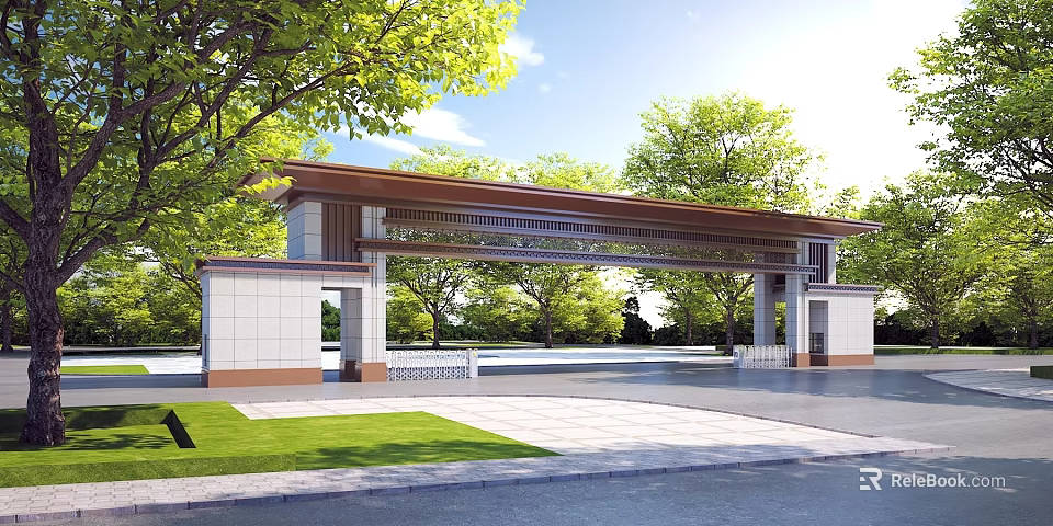 Traditional Entrance Gate With Wooden Roof Stone Pillars And Green Trees Around 3d model 