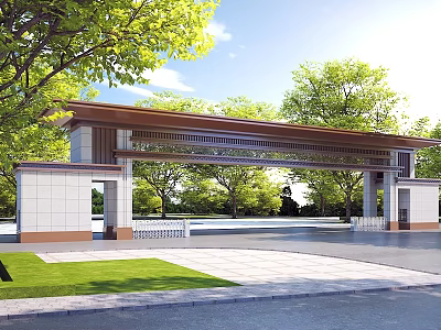 Traditional Entrance Gate With Wooden Roof Stone Pillars And Green Trees Around 3d model