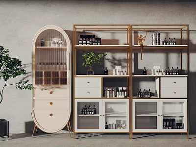 Modern Display Cabinets and Shelves with Curved White Cabinet Gold Frame Shelving and Decorative Items 3d model