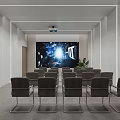 Modern Conference Room With Large Screen Arranged Chairs World Map Plants And Ceiling Light Strips