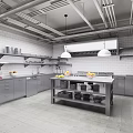 Industrial Kitchen Interior With Gray Cabinets Red Mixer Central Island And White Brick Walls