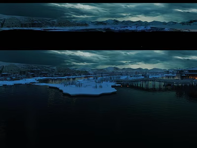 Mountain Scenery with Snowy Peaks Frozen Water Pier and Cloudy Sky at Dusk 3d model