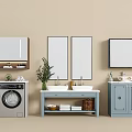 Modern Bathroom Vanity Combination With Double Sinks Mirrors Washing Machine And Storage Baskets 3d model