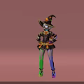 Woman dressed in Halloween witch costume with decorated hat and black dress against pink background