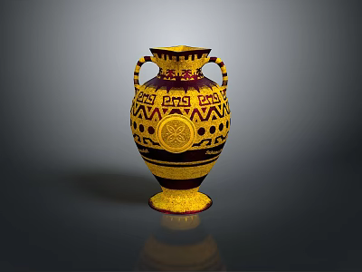 Classical Decorative Vase With Intricate Yellow Black Geometric Patterns Circular Motifs And Two Handles 3d model