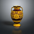 Classical Decorative Vase With Intricate Yellow Black Geometric Patterns Circular Motifs And Two Handles