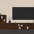 Modern Brown Wooden TV Stand With Storage Cabinet And Decorative Books Vase Radio