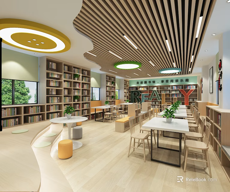 Book Art Inspired Library Interior With Wooden Ceiling Round Lights And Green Plants 3d model 