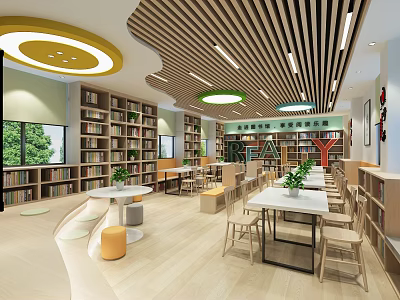 Book Art Inspired Library Interior With Wooden Ceiling Round Lights And Green Plants 3d model