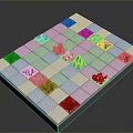 White Grid Structure With Holes Containing Pink Elements Blue Triangles And Gray Mountain Shapes 3d model