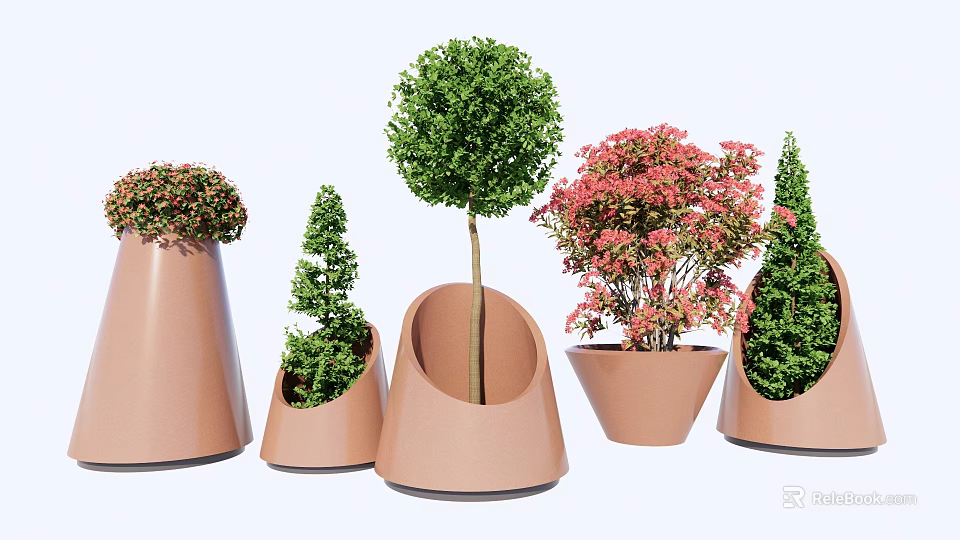 Decorative Bonsai Plants In Various Shaped Ceramic Pots With Green And Pink Foliage 3d model 