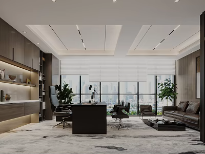 Modern Office Interior Design With Large Windows City View Desk Sofa And Plants 3d model