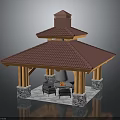 Traditional Two Tiered Pavilion With Red Tile Roof Stone Base Columns Fire Pit And Seating