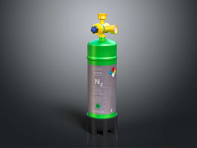 Green Nitrogen Gas Cylinder With Yellow Valve Base Stand And Label 3d model