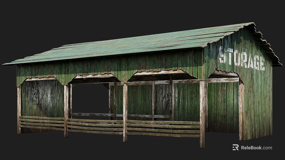 Weathered Wooden Store Building With Green Roof Wooden Railings And Pillars 3d model 