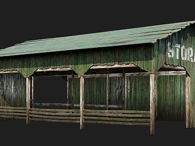Weathered Wooden Store Building With Green Roof Wooden Railings And Pillars 3d model