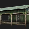 Weathered Wooden Store Building With Green Roof Wooden Railings And Pillars