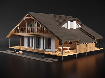 Wooden Vacation Home With Sloped Roof Balcony Terrace And Large Windows 3d model