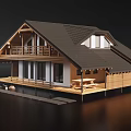 Wooden Vacation Home With Sloped Roof Balcony Terrace And Large Windows