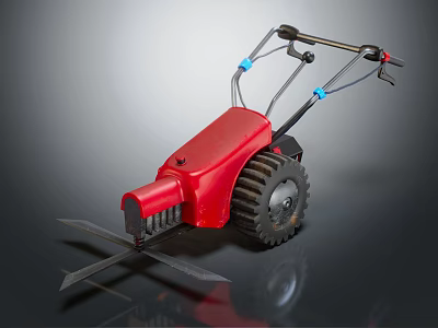 Red Agricultural Tiller With Metal Frame Blue Connectors And Black Wheels For Garden Cultivation 3d model
