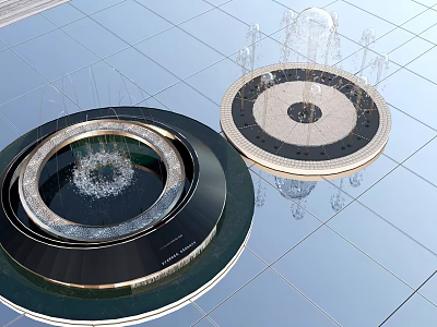 Elegant Modern Circular Fountains With Flowing Water On Blue Tiled Floor 3d model