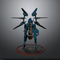 3D Model Mechanical Creature With Blue Armor And Winged Structure On Circular Base