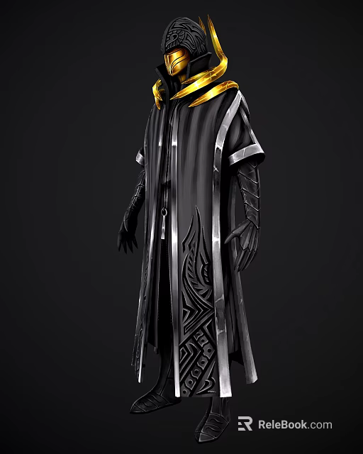 Game and Movie Character Black Robe Costume With Gold Accents Stripes And Intricate Patterns 3d model 