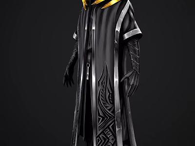 Game and Movie Character Black Robe Costume With Gold Accents Stripes And Intricate Patterns 3d model