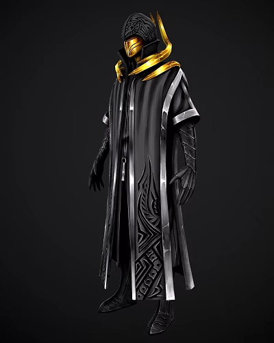 Game and Movie Character Black Robe Costume With Gold Accents Stripes And Intricate Patterns 3d model