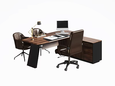 Modern Wooden Office Desk With Office Chair Table Lamp And Computer Monitor 3d model
