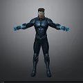 Futuristic Sci Fi Character In Blue Armored Suit With Glowing Elements And Open Arms Pose