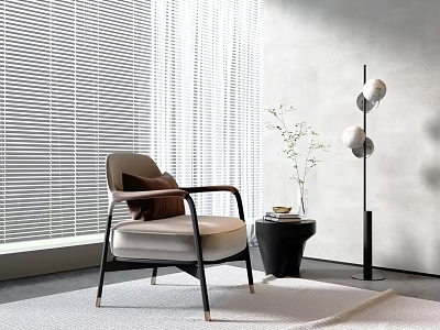 Accent Chair in Modern Minimalist Interior with Window Blinds Floor Lamp Side Table and Plant 3d model