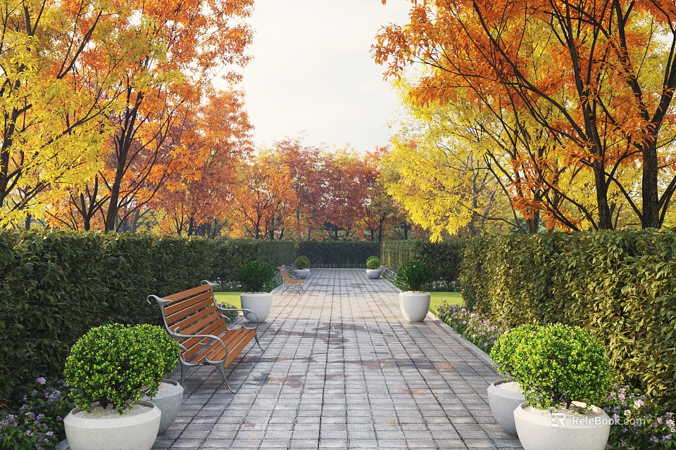 Scenic Park Landscape With Autumn Trees Brick Pathway Wooden Bench Hedges And Potted Shrubs 3d model 