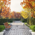 Scenic Park Landscape With Autumn Trees Brick Pathway Wooden Bench Hedges And Potted Shrubs