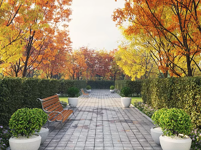 Scenic Park Landscape With Autumn Trees Brick Pathway Wooden Bench Hedges And Potted Shrubs 3d model