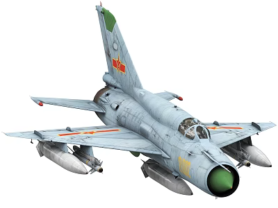 Gray Military Fighter Jet With Red Star Insignia Green Nose Cone And Missile Pods 3d model