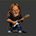 Cartoon Man With Long Hair Playing Electric Guitar In Black T-Shirt And Blue Jeans
