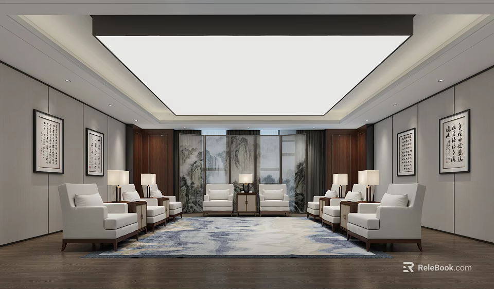 Hotel Public Lounge Area Featuring White Sofas Wooden Decor Large Windows and Framed Paintings 3d model