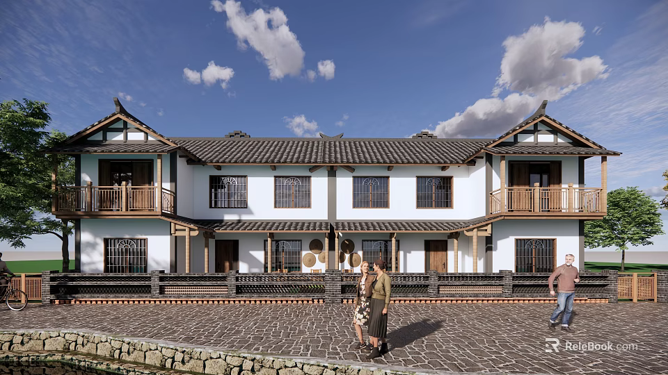 Traditional Chinese Boutique Guesthouse With White Walls Black Tiled Roof And Stone Paved Courtyard 3d model 