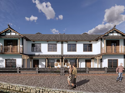 Traditional Chinese Boutique Guesthouse With White Walls Black Tiled Roof And Stone Paved Courtyard 3d model