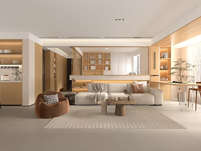 Modern Living and Dining Room Interior With Sofa Coffee Table And Built in Bookshelves 3d model