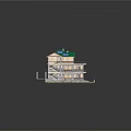 Cartoon Style Multi Story House With Green Roof Solar Panels Balconies Staircase Lawn Stone Path