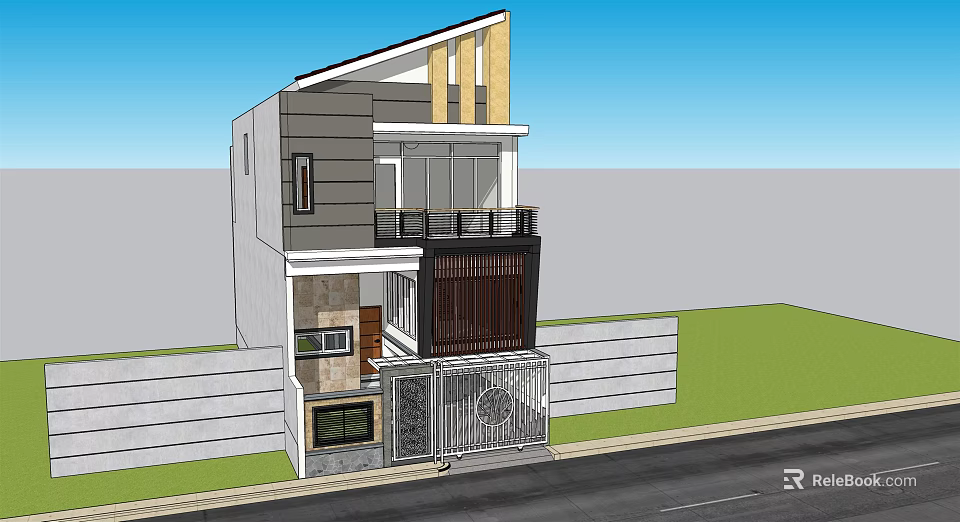 Modern Detached Villa Exterior With Two Story Structure Balcony Gray Yellow Facade And Metal Gate 3d model 