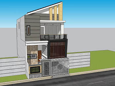 Modern Detached Villa Exterior With Two Story Structure Balcony Gray Yellow Facade And Metal Gate 3d model