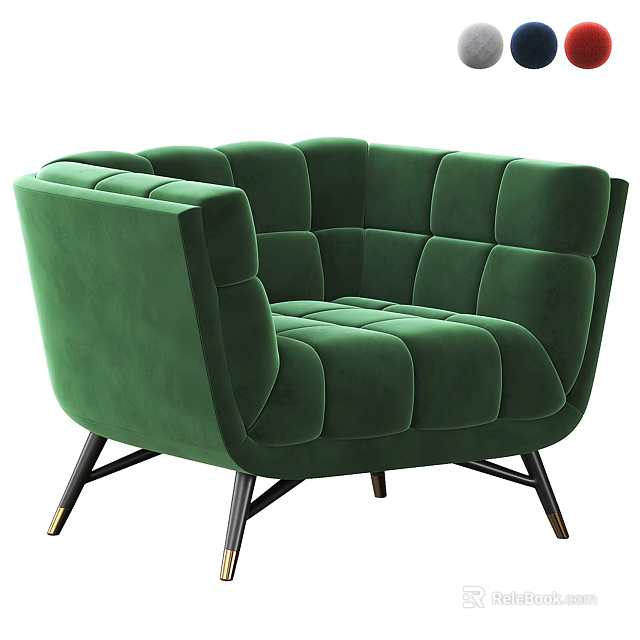 Green Velvet Single Sofa With Quilted Design High Armrests Black Metal Legs And Gold Accents 3d model 