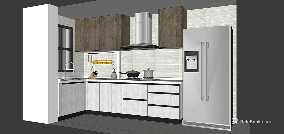 Modern Kitchen Interior With Upper Lower Cabinets Countertop Range Hood And Refrigerator 3d model 