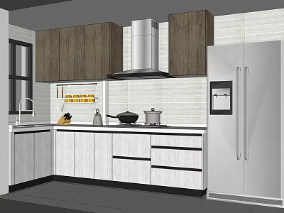 Modern Kitchen Interior With Upper Lower Cabinets Countertop Range Hood And Refrigerator 3d model