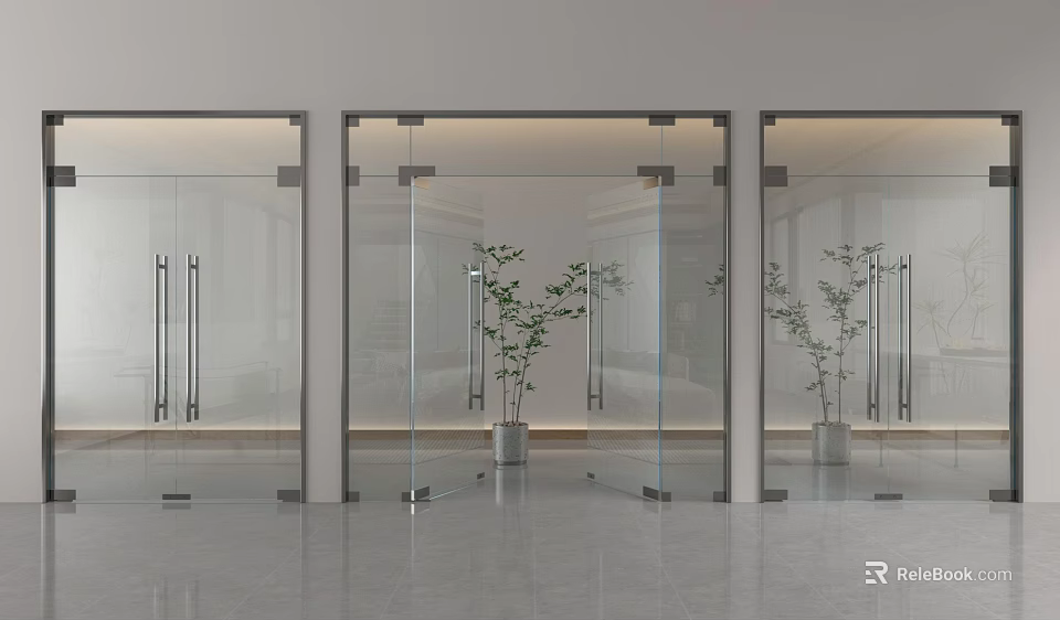 Modern Hallway With Glass Doors Indoor Plant And Polished Floor 3d model 