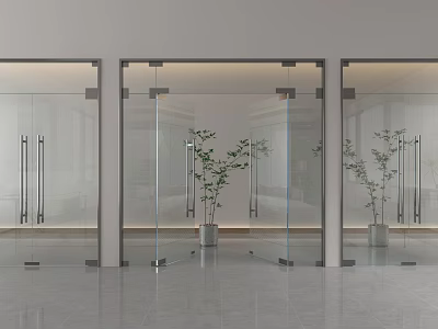 Modern Hallway With Glass Doors Indoor Plant And Polished Floor 3d model