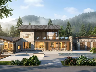 Mountain Forest Guesthouse Building With Large Glass Windows And Swimming Pool 3d model